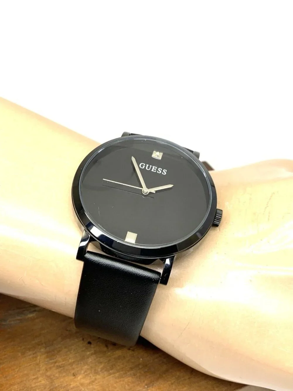 Guess Men's Watch U1315G3 Quartz Black Dial Stainless Steel Leather Strap 44mm